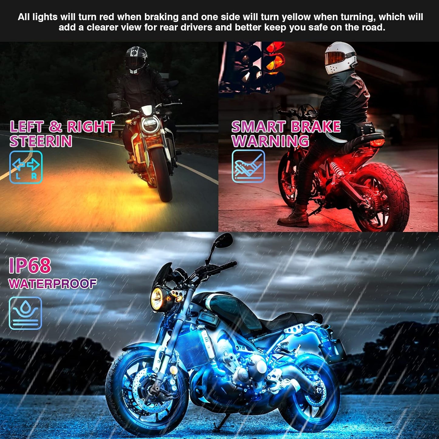 12pcs Motorcycle Led Light Kit With Brake Turn Signal